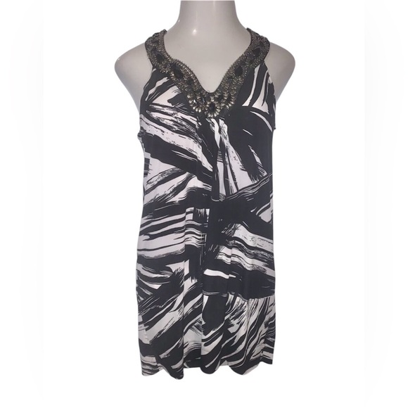 Bisou Bisou Y2K Dress Womens Sz 8 Short Beaded Sleeveless Geometric Black White - Picture 1 of 6